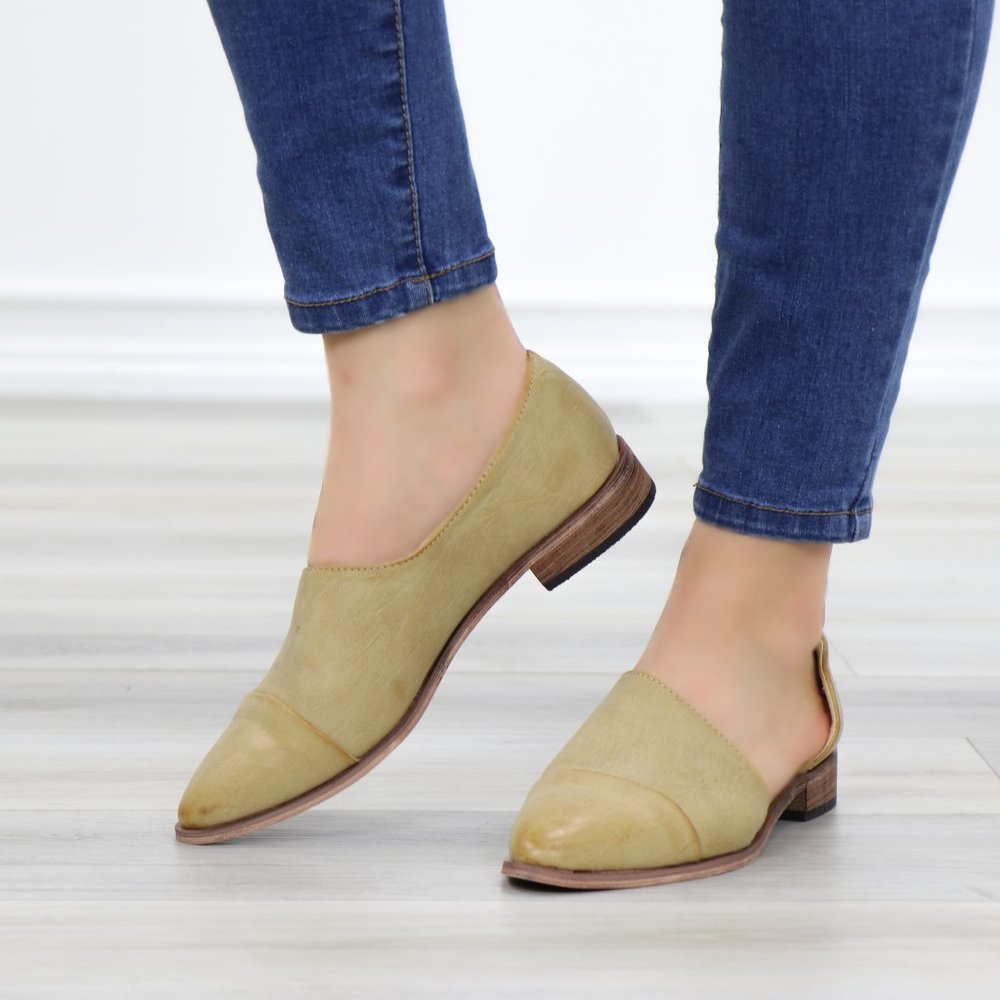 Beige Opened Side Pointy Slip On Flat Loafer - Picture 9 of 9